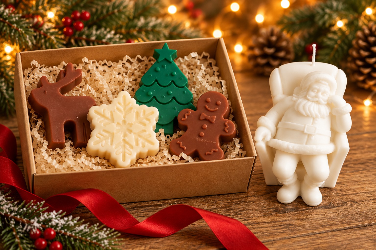Christmas soap gift box with snowflake, tree, reindeer and gingerbread soaps beside a Santa candle