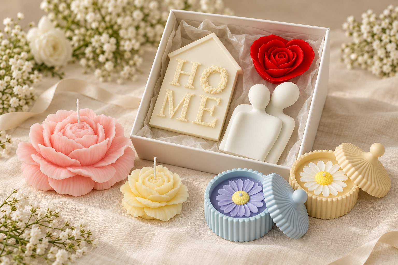 Peony candles, floral gypsum candle jars and a house and couple gift box